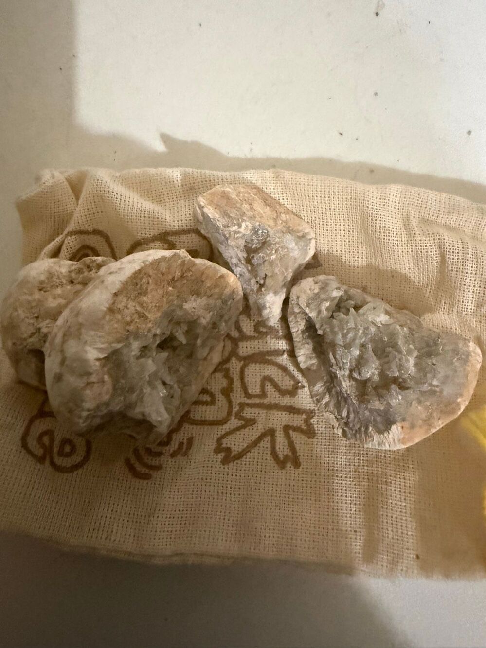 Natural Crack-Open Geode With Canvas Pouch Tan Green NWOT